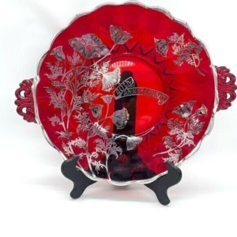 Vintage Viking Ruby Red Glass Cake Platter Floral Silver Overlay